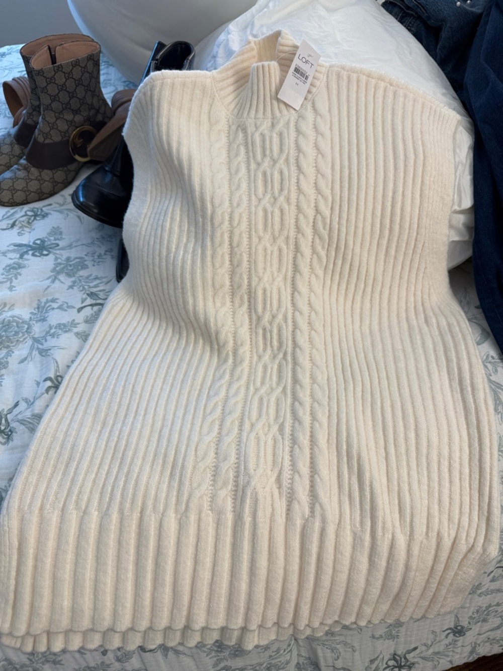 LOFT Cream Cable-Front Ribbed Mock Neck Sweater Vest